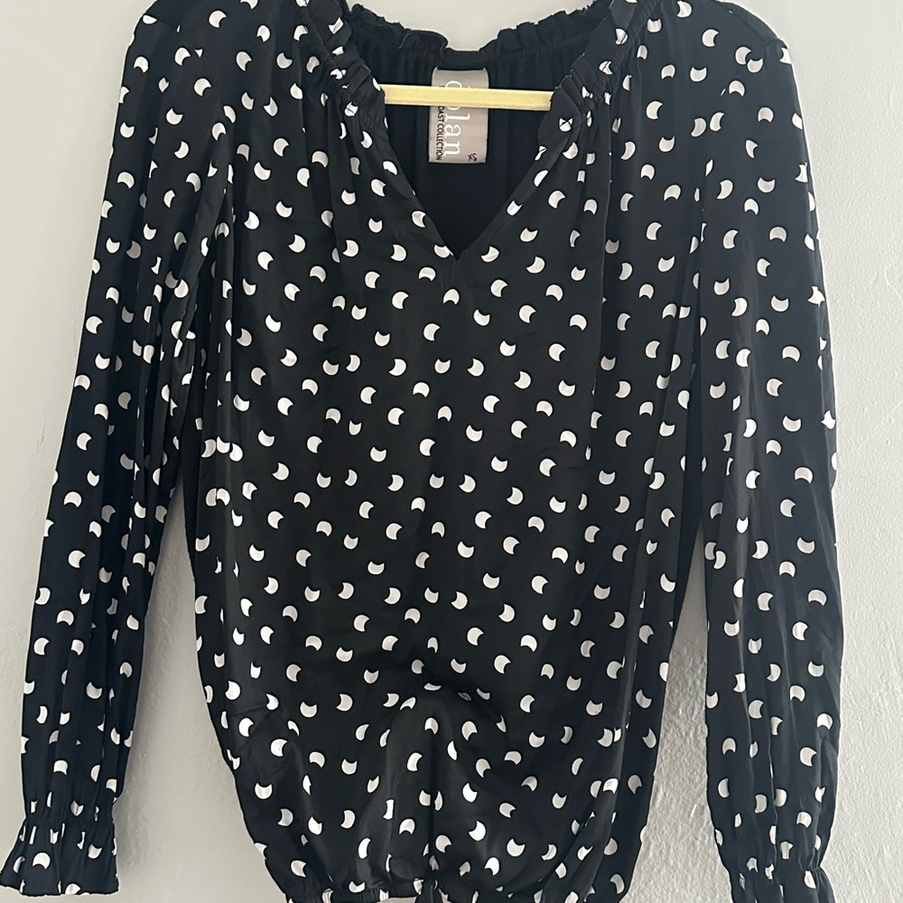Anthropologie Black Long Sleeve Top with White Crescent Print